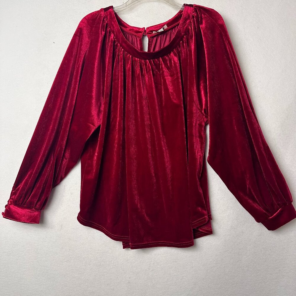 Umgee shirt women L Red Velvet Velour tunic swing peasant top balloon sleeves